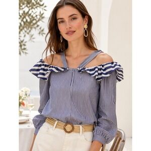 J.Crew Women's Striped Cotton Ruffle Cold Shoulder Blouse Size 00 Blue White